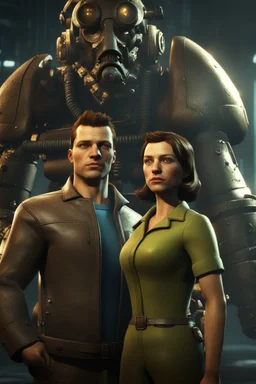 Nico Belic and woman in fallout 4 setting, bokeh, downlight, prize winning, depth of field, monster in background, cartoon storyline grid