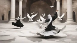 Hyper Realistic Sufi Whirling on stone floor with Black Clothed Islamic Sufi Rustic Grungy Background outside white marble Islamic monument with white pigeons flying