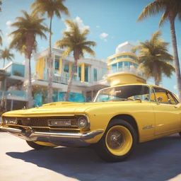 An energy can on a hood of a yellow low rider car in Miami beach, sunshine, blue sky, biquini girls, art inspired in GTA VI game, cinematic light, intricate details, unreal engine 5