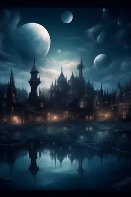 The gothic village in another dimension surrounded with big doom and mirrors with stars and galaxies and clouds and fogs, Busch painting nightmare style , 3D , scary, magical, mysterious