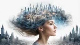 white background, Magical secret on the top of a woman's head, in her hair, double exposure, high resolution, fine rendering, high detail, 3D, city on her head, fantasy,