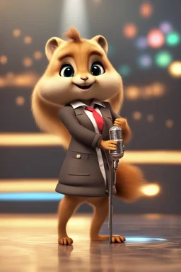 Cute 3d animated chipmunk, she is a singer, cute outfit and microphone in hand, long blond hair