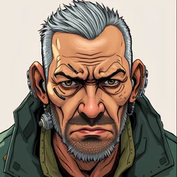 cyberpunk 50 year old asian man with many cybernetic modifications, he looks tired and angry. Illustrated the style of Disco Elysium character art.