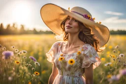 ohot from a young woman, elegantly adorned in a big summer hat and a summer dress stands in the center of a vast field. Her eyes are closed, a gentle smile playing on her lips as she feels the warm embrace of the sunshine and the tender kiss of a soft summer breeze. The meadow is a canvas of harmony with a dazzling array of wildflowers that dance and sway in the little wind. The blue sky and sunshine, high reality, detalied, photoreal, stunning