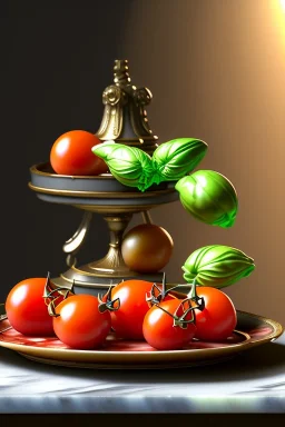 Italian Renaissance style still life consisting of a plate of Italian ravioli with natural cherry tomato and basil accompanied by olives, moisture ambient, natural ornaments, ceramic, marble, high kitchen, smooth, god rays, unreal engine 5, ray tracing, RTX, lumen lighting, ultra detail, volumetric lighting, 3d.