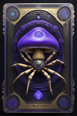 Golden mean mushroom sacred geometry framed playing card, black, blue and purple drum set spider xtal inversion priestess cyber in witch hat shadows boss card in the style of Giger and fallout 4 ,bokeh like f/0.8, tilt-shift lens 8k, high detail, smooth render, down-light, unreal engine