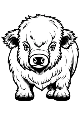 • Simple on line draw for kids of a cute tiny cartoon American Bison inolated on white, white background, without color, black and white