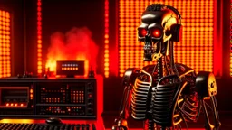 Bannière internet pour une émission de radio metal. Portrait d un terminator animant une émission de radio dans un studio en feu. 4k details maximum, ombres maximums, lumieres maximum