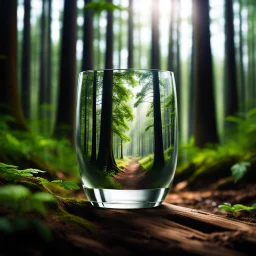 Create hyper-realistic photo of a glass tumbler in a wild forest. Inside, a miniature [New Yourk] with landmarks. A trasparrent 3D text of [New Yourk] blends naturally into the landscape . Soft bright daylight, reflections, and subtle imperfections like fingerprints. DSLR quality, sharp focus.