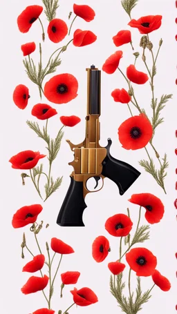 Two gold pistols and a red notebook on a white scarf. A bed of red poppies. Close-up from above.cinematic