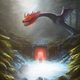 fantasy art, book illustration, fiery dragon sitting on the stairs of a dam in the magical forest ,icy water