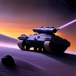 Ralph mcquarrie painting of a Futuristic armored tank rolling over a crater, purple sky, 4k, highly detailed, minutiae, trail, boulders, meteor