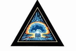 a nuclear explosion cloud, behind an orange glowing omega like shape, all inside an equilateral triangle opening, that is like a doorway to a different world, radiant lines, 1960s commercial illustration