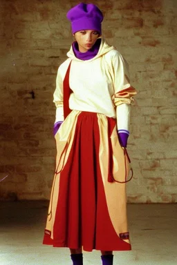 year 1996 fashion. Straight skirt, low waist. Combat hoodie with long tippet, which continues to the hood. Colors: denim blue, blue, purple, cream, khaki, "pastel green", lilac, plum, orange, terracotta, red, light yellow, pink, dark blue, beige. Latex in small part. Sturgeons vulgarism pattern prints.. Bridget Jones, Missy Elliot, Jennifer Lopez. Karjalainen kuvio, Karjala patterns tradiotional