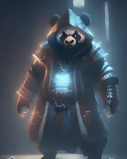 Cool Panda assassin boss in clothes game character, dark lighting , Blender, octane render, high quality masterpiece