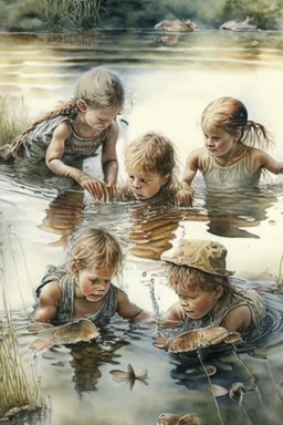 four kids SWIMMING AND PLAYING on beautiful lake . one of them cooking fish and the other three playing on a by Jean-Baptiste Monge, highly detailed, lighting, very attractive, beautiful, high detail, award winning, hyper-realistic, high definition, crisp quality, watercolor highly detailed Award winning photography photorealistic