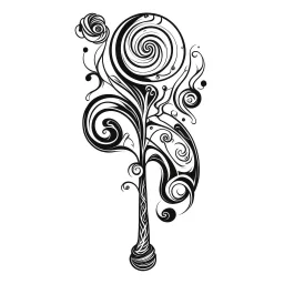 Make black and white cute drawing of a Wizard's Staff with black bold lines. Only outline, no grayscale. A tall wooden staff topped with a glowing crystal or orb. Decorate the staff with spiraling patterns, leaves, or dangling charms.