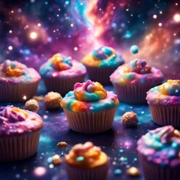 galactic sweets muffins candy candy in space, cosmic candy vortex, nebula and constellations in background, sharp focus, high contrast, bright vibrant colors, cinematic masterpiece, shallow depth of field, bokeh, sparks, glitter, 16k resolution, photorealistic, intricate details, dramatic natural lighting
