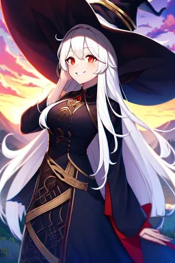 girl, masterpiece, best quality, cinematic lighting, detailed outfit, vibrant colors, perfect eyes, long hair, white hair, red eyes, witch outfit, smile, angry, landscape,