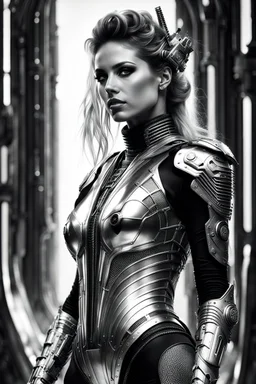 Generate an 16k image of a futuristic Hollywood superstar with android features, inspired by Luis Royo's art, wearing a metallic exosuit.In black and white,