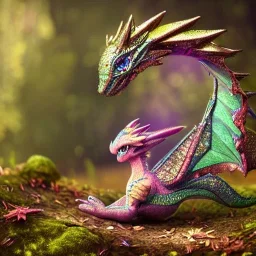 cute, adorable baby dragon made of crystals and gems, glittery scales, iridescent wings, sitting on forest floor, muted rainbow colors, intricate, fine detail, 8k, sharp, crisp, high-quality, 3d octane render, greg rutowski, alphonse mucha