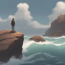 Person standing on a solitary rock in the ocean as waves crash down, artstation, intense