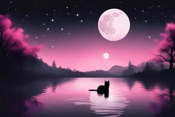 湖 月 ピンク 星空 ブランコ 黒猫シルエット