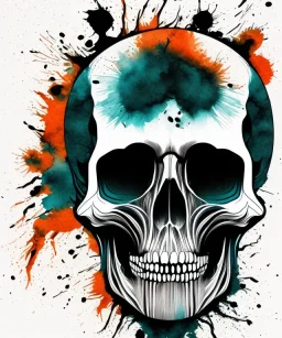 minimal lineart skull. watercolor and ink. black background. teal and orange