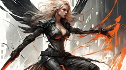 biomechanical women, beautiful, cyberpunk, dusty blonde, short square, large biomechanical black wings, sword, cybernetic, dynamic pose, rain, wind, ashes, flashes of fiery threads, sketch art, fine lines, grunge, sensual, darkness, dark colors, by Raymond Swanland & Alyssa Monks & Anna Razumovskaya