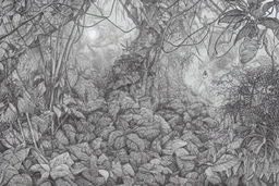 Rainforest, top view, flora and fauna in the light from a full moon, rocks, water, amazing night sky, glowing flowers, vines, large stars, island, ruin, fog, dawn, reflection, Jacek Yerka, Dominic Davison in sunshine smooth intricate high definition pencil sketch watercolor polished