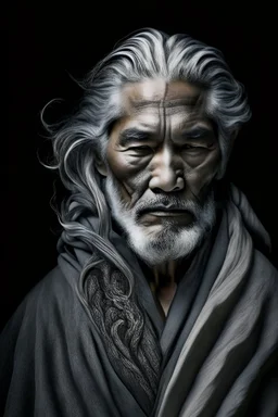 a photo of an Caiucasian man with ethnic jewelry, grey hair and grey flowing robe, in style of Annie Leibovitz, contemporary portrait of a mature yet beautiful and modernist man, black and grey, detailed masculine face, swirling fluid smokey enigma, award-winning artwork