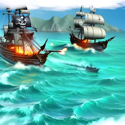 Two pirate ships fight each other at sea. Firing cannons.