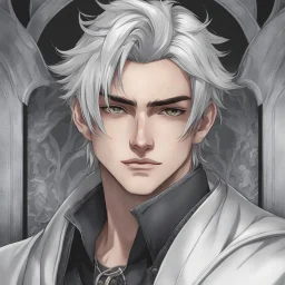 A stunningly detailed (((headshot portrait))), capturing the essence of a young man in his 20s with silver hair and piercing gray eyes, exuding a sense of confidence and protection, anime realism style