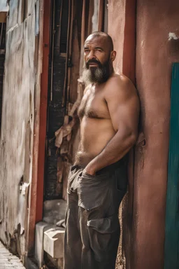 close up photography of an ugly 40 year old stocky big robust burly marocan homeless, wearing his work pants, shirtless, leaning with his back on the wall, crossing arms, dirty, sweat, wet, ajar mouth, hairy chest, , very virile, short beard, shaved hair,, , in a sunny street, photorealistic , frontal view from the ground