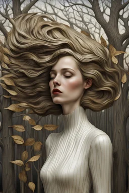 Streamline moderne woman windblown hair, 3D resin, trees leaves andrea kowch art deco