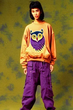 year 1994 fashion. Loose fit, "combat pants" with low waist, baggy, Combat pants, t-shirt and interesting hoodie. Colors: denim blue, blue, purple, khaki, light green, lilac, plum, orange, terracotta, red, pink, dark blue, beige. Women models. Patterns: owl, Sturnus vulgaris pattern prints.Jennifer Lopez, Gwyneth Paltrow, . Big tennis shoes on. Cargo pants.