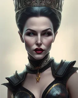 old evil queen in black leather gown, femme fatale, volouptous, busty, cleavage, angry, emperious, 8k resolution concept art portrait by Greg Rutkowski,