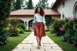 fullbody shot,of beautiful lady walking toward camera in a pretty villa garden wearing skirt and blouse , curvy hair,