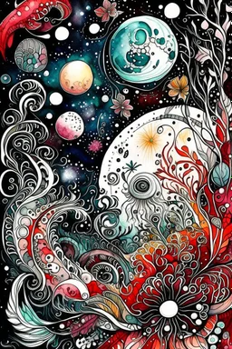 Three-dimensional watercolor. A space guppy on the background of unusual lace plants of an exoplanet. White-gold,burgundy,black,emerald,gray,sapphire,scarlet. A lot of details.Fine drawing with black ink,clear lines,magically, beautifully,surrealism,the play of color and light,contrast,horror,filigree ,neuro art,lumen,multi-exposure,macro detail,hyperrealism, 5d threads,64k,dark fantasy,dark botanical,bioluminescence. Fractal-neon, glitter,stars