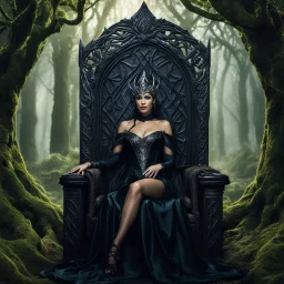 Morena Baccarin as a beautiful sexy dark elf queen seated elegantly on a throne in a mystical forest, dark celtic vignette frame, photo-realistic, cinematic lighting, award-winning photography