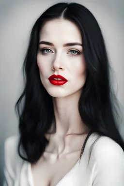 Portrait of a beautiful innocent woman with long black hair white skin, red lips with a beauty mark on her cheek