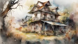 Detailed watercolor Illustration of a rural landscape : Delicate trees, clapboard houses, scattered gardens, sunlight : Carne Griffiths, Minjae Lee, Ana Paula Hoppe, Stylized Splash watercolor art, Intricate, Complex contrast, HDR, Sharp, Cinematic Volumetric lighting, wide long shot