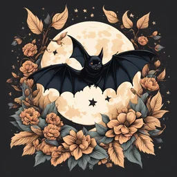 Best quality, masterpiece, ultra high res, detailed, illustration, design, flat vector style, high resolution, illustraTed, shadows and light, aesthetic, modern, ambient lighting, flat colors, vector illustration, bat, moon, leaves, stars, flowers, sailor jerry tattoo, old school tattoo