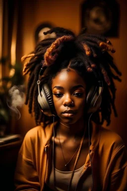 earthy black young woman listening to music with headphones, soul, peace, majestic, earthy colours, at peace, happy, incense, jewels, bands, natural, old school headphones, low siren eyes, incense