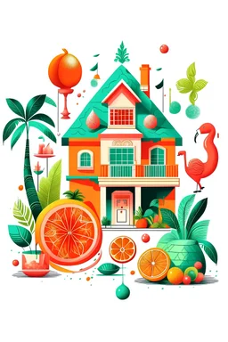 Design of house with orange, tomato, doughnut, cone of ice cream, emerald, diamond, grater, marble, chandelier, flamingo.