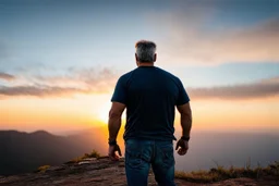 a brawny man with grey hair views sunset from a cliff