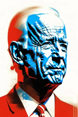 stylized stencil portrait of Joe biden in solid red, beige and (light and dark) blue with the the script повиноваться overlaid on the bottom of the image in red