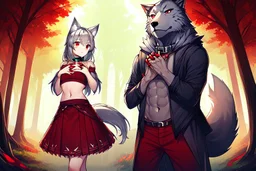 Girl, boy, forest, gray hair, wolf ears, wolf tail, open navel, hands on chest, blushing, standing by a tree, collar on neck, very short red skirt, blood on hands, long nails, wolf hair on legs, more red eyes, glowing mushrooms on trees, big tail