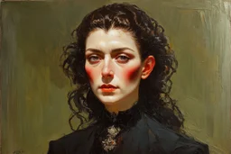 Egon Schiele, Andrea Kowch, Jean-Giraud Moebius, figurative abstract expressionist art, Gothic female vampire sorceress,full body portrait perfection,abstract painting ,acrylic art,oil paint,sharp brush strokes, fine palette knife, highly detailed hair and facial features, rugged skin tones, subdued natural colors, museum quality render