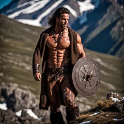 Handsome and muscular 30 year old shirtless mountain man, dark fantasy, snow capped mountains